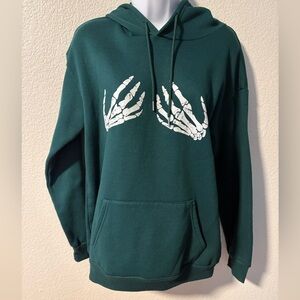 SHEIN Dark Green Hoodie with White Skeleton Hand Graphic